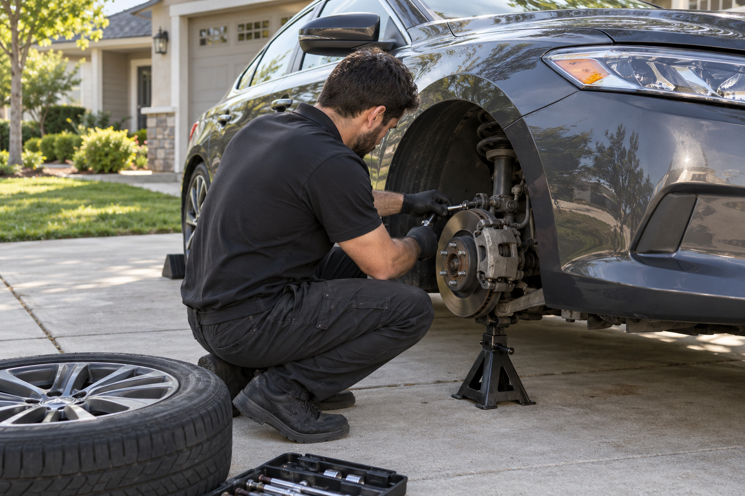 Illustration of a mechanic changing brakes on a safely supported car outside a home