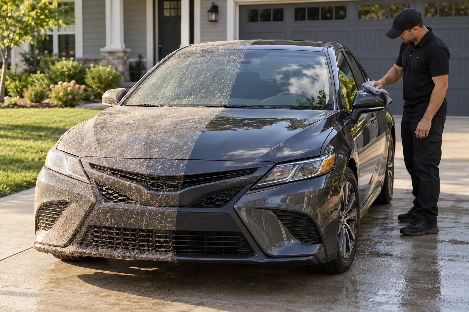 Illustration of a car with one dirty half and one freshly cleaned half in a residential driveway