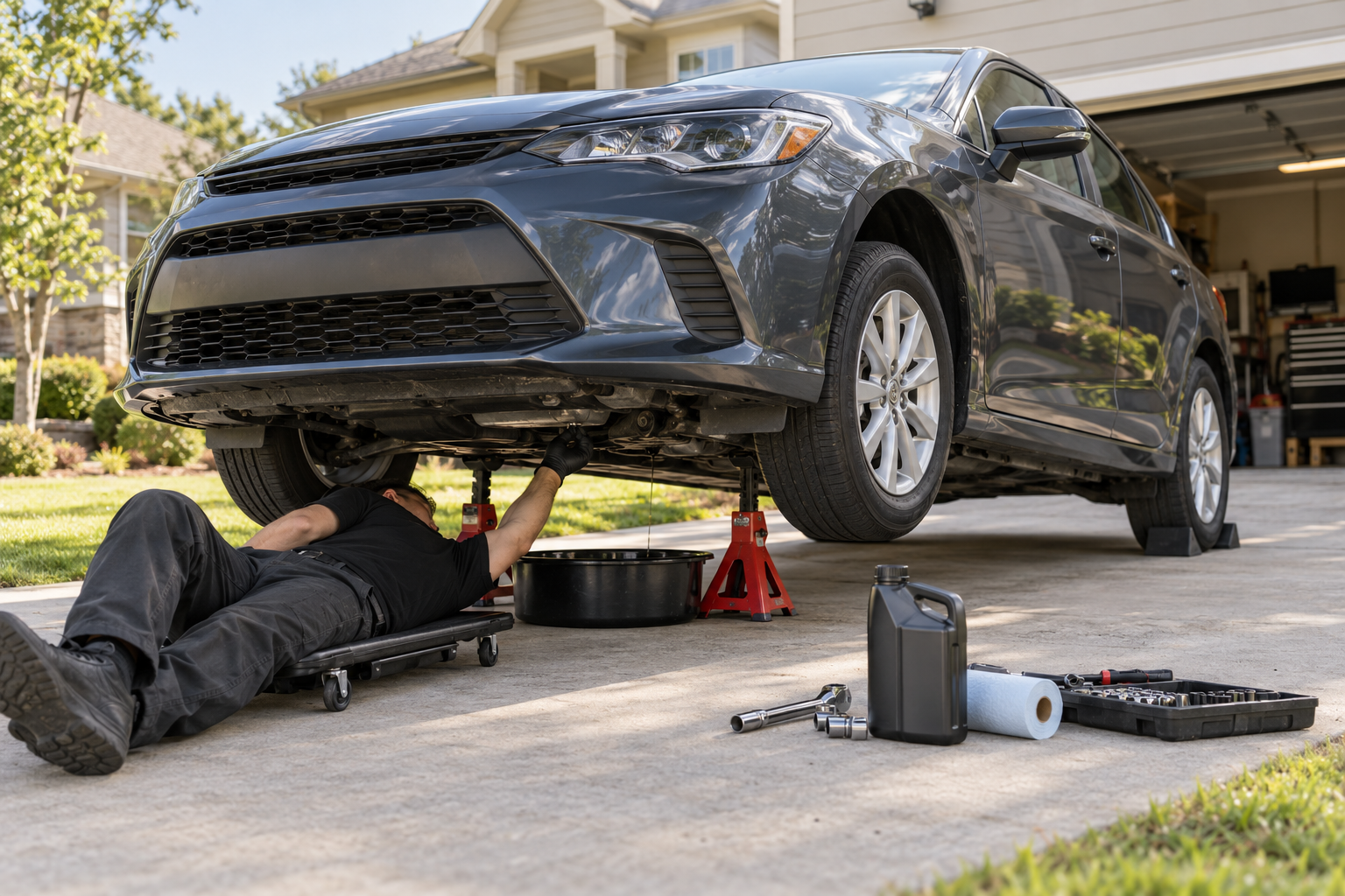Illustration of a mechanic changing oil with a drain pan on a residential driveway